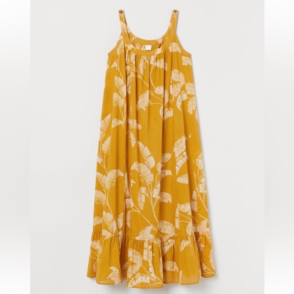 H&m yellow leaf print flowy dress Size 2 oversized relaxed fit